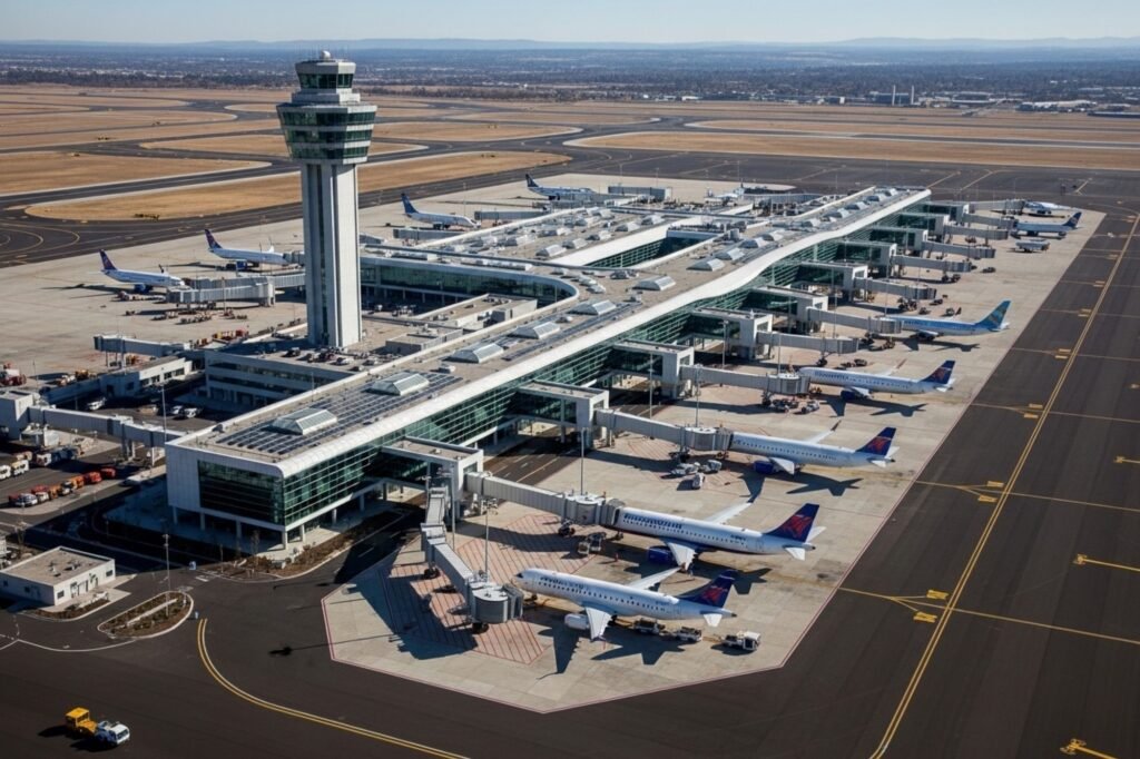 Aerial view of busy Westchester airport terminals with parked passenger jets, a tall control tower, runways, taxiways, and a distant cityscape.