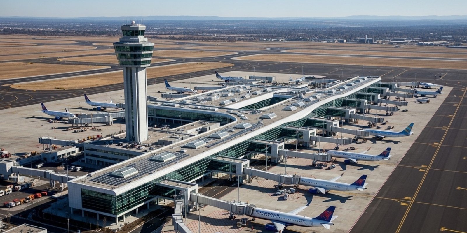 Panorama view of busy Westchester airport terminals with parked passenger jets, a tall control tower, runways, taxiways, and a distant cityscape.