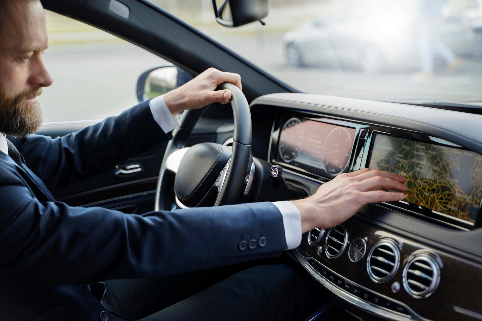 Professional chauffeur in a suit drives a luxury car, using the dashboard touchscreen GPS map and route; focused, modern travel.