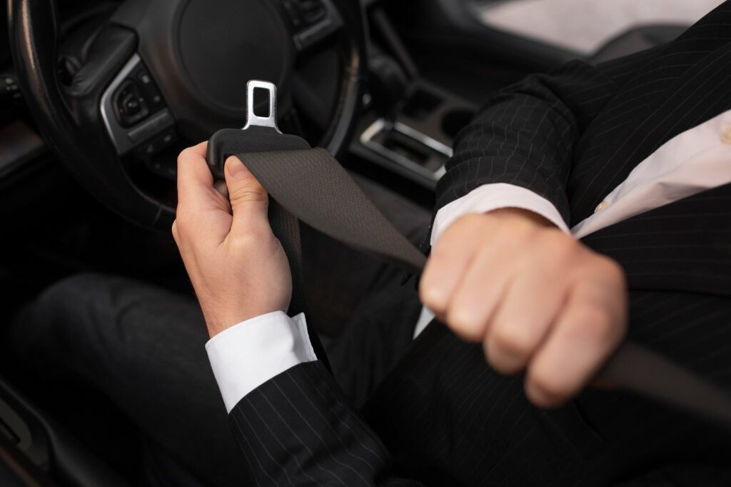 A chauffeur in a black suit fastens a car seat belt inside a vehicle, emphasizing safe driving, security, and responsible travel.