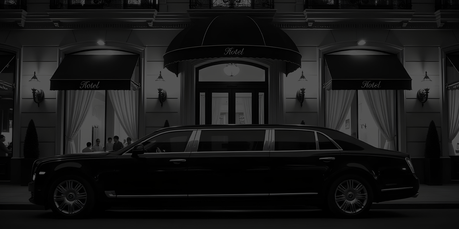 Black-and-white photo of a long luxury limousine parked outside a grand hotel entrance, creating an elegant, formal, cinematic mood.