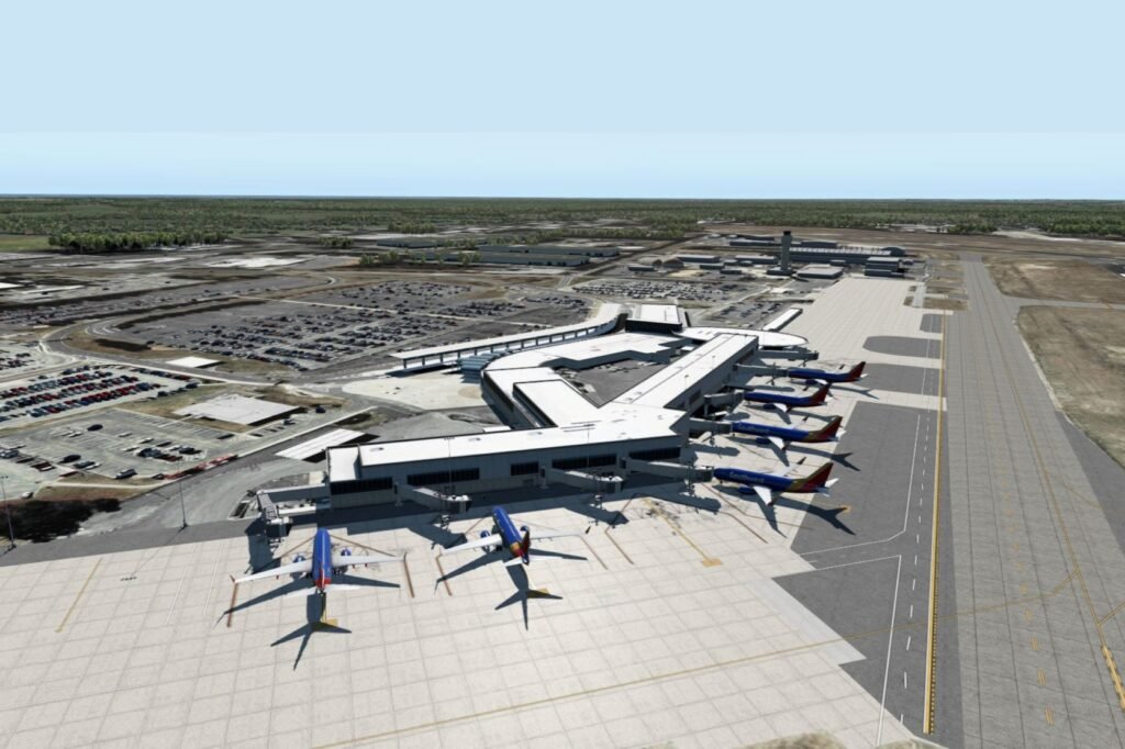 Aerial view of a modern airport terminal with multiple parked passenger jets, taxiways, runways, and cars under a clear blue sky.
