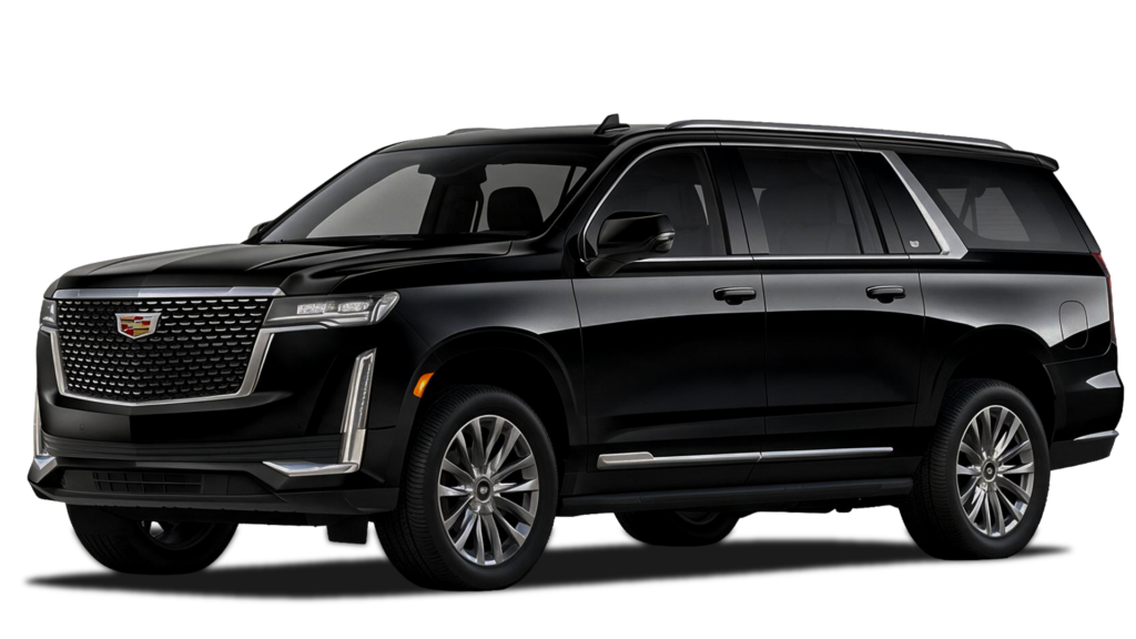 Black Cadillac Escalade luxury SUV shown in a front-side view against a dark background, featuring a chrome grille, large wheels, and sleek profile.