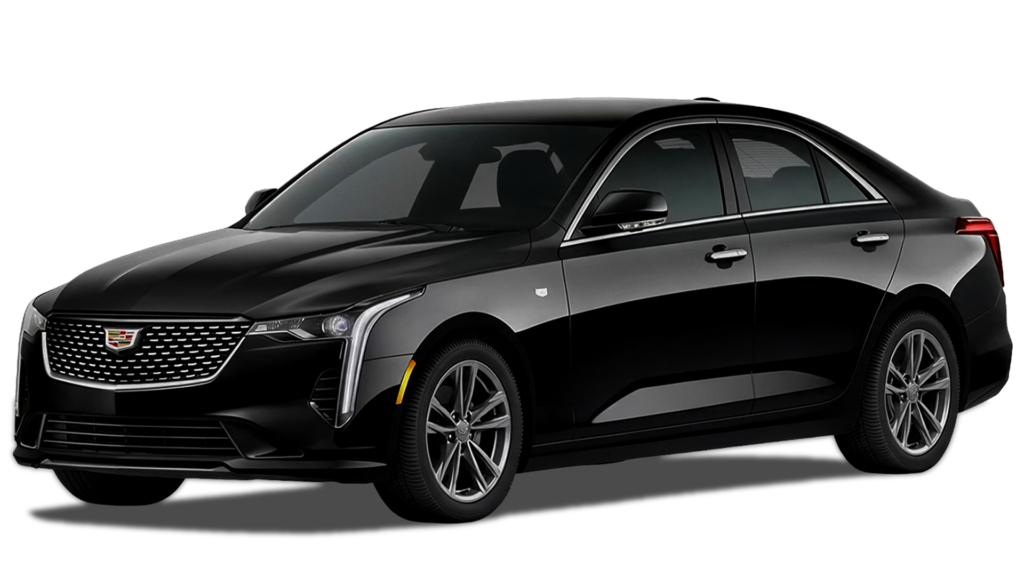 Black Cadillac CT4 luxury sports sedan shown in three-quarter view, highlighting its sleek design, grille, headlights, and alloy wheels.