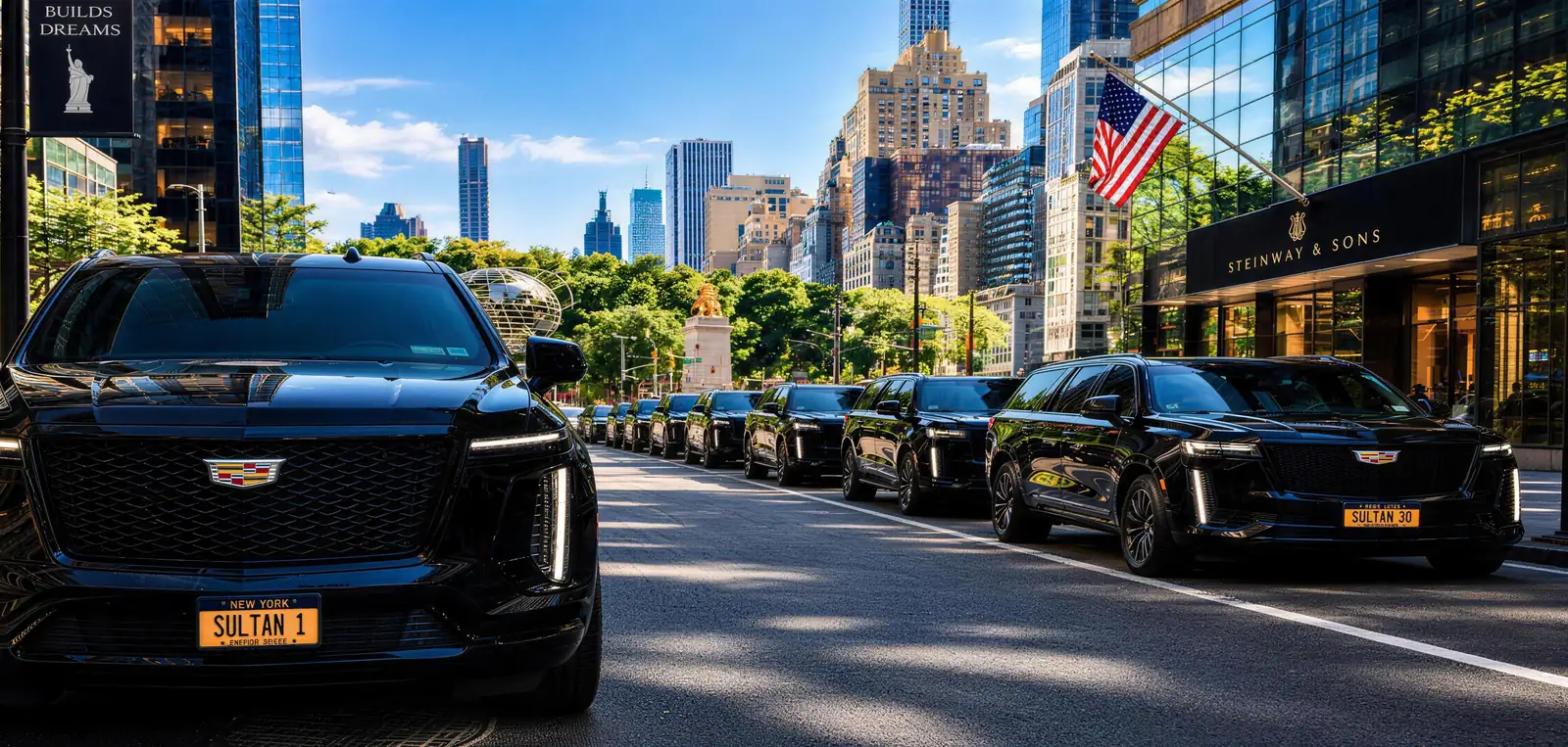 Black Cadillac chauffeur SUVs lined up on a Manhattan street